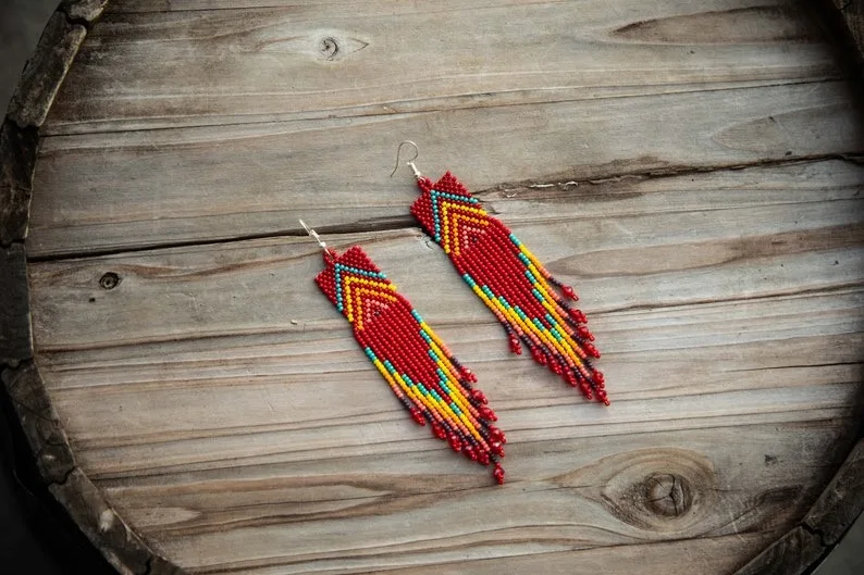 Beaded earrings Triangle Geometry Bohemia Rainbow Pattern Gradient color Trend Original Hand-woven Alloy Rice bead earrings