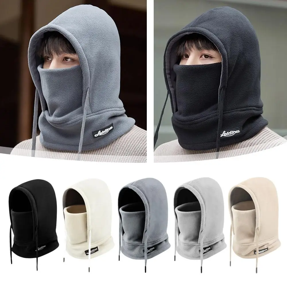 Winter Keep Warm Hat Pull Rope Balaclava Hat Windproof Scarf 2-in-1 Hat Neck Mask Hat Fleece Warm Knit Caps Hooded Hat Bean N6N9