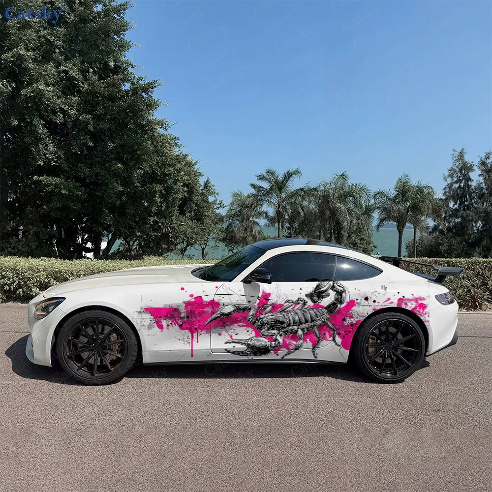 

2pcs Neon Pink Splatter Scorpion Car Side Wraps, Self-Adhesive PVC Waterproof & Scratch-Resistant Stickers, Car Accessory Gift