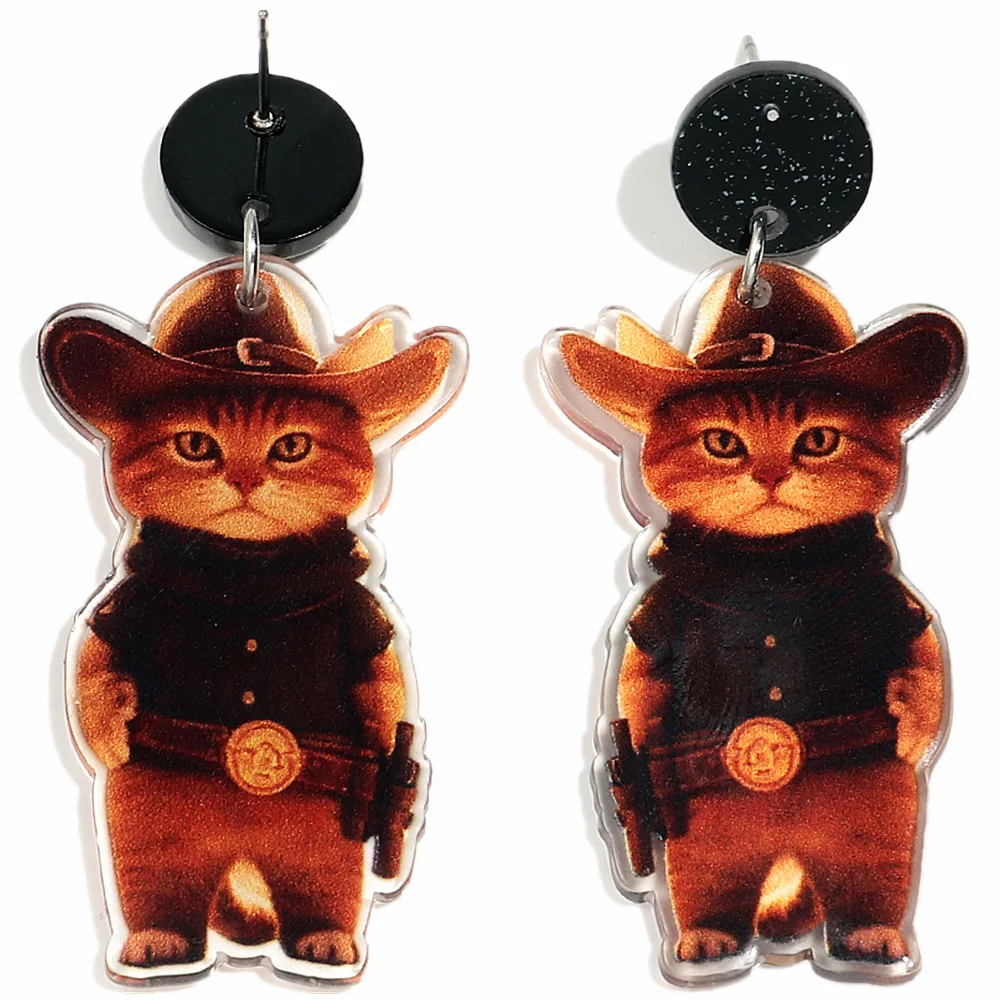 

New Cute West Cowboy Cat Acrylic Print Earrings for Women Funny Hat Puss Animals Drop Earring Vintage Jewelry Birthday Gifts