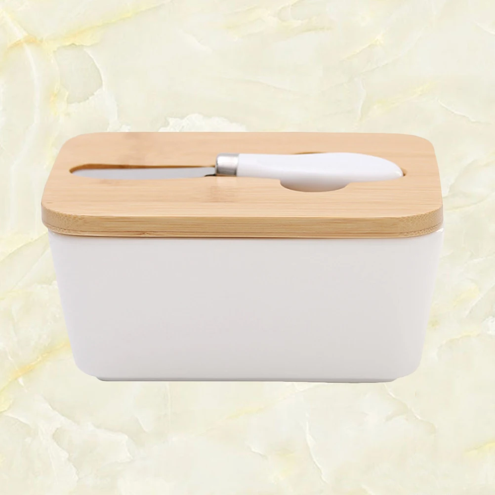 

Ceramic Butter Box Nordic Style Storage Dish With Wood Lid Cutter Cheese Food Tool Kitchen Sealing Plate Heat Resistant For