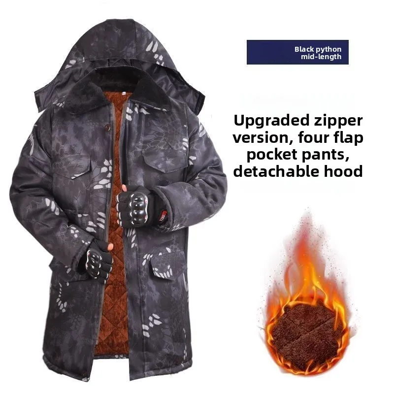 

Зимнее камуфляжное хлопковое пальто 2025 года, очень плотное, на флисовой подкладке, рабочая хлопковая куртка, теплая, прочная, средней длины, морозостойкая