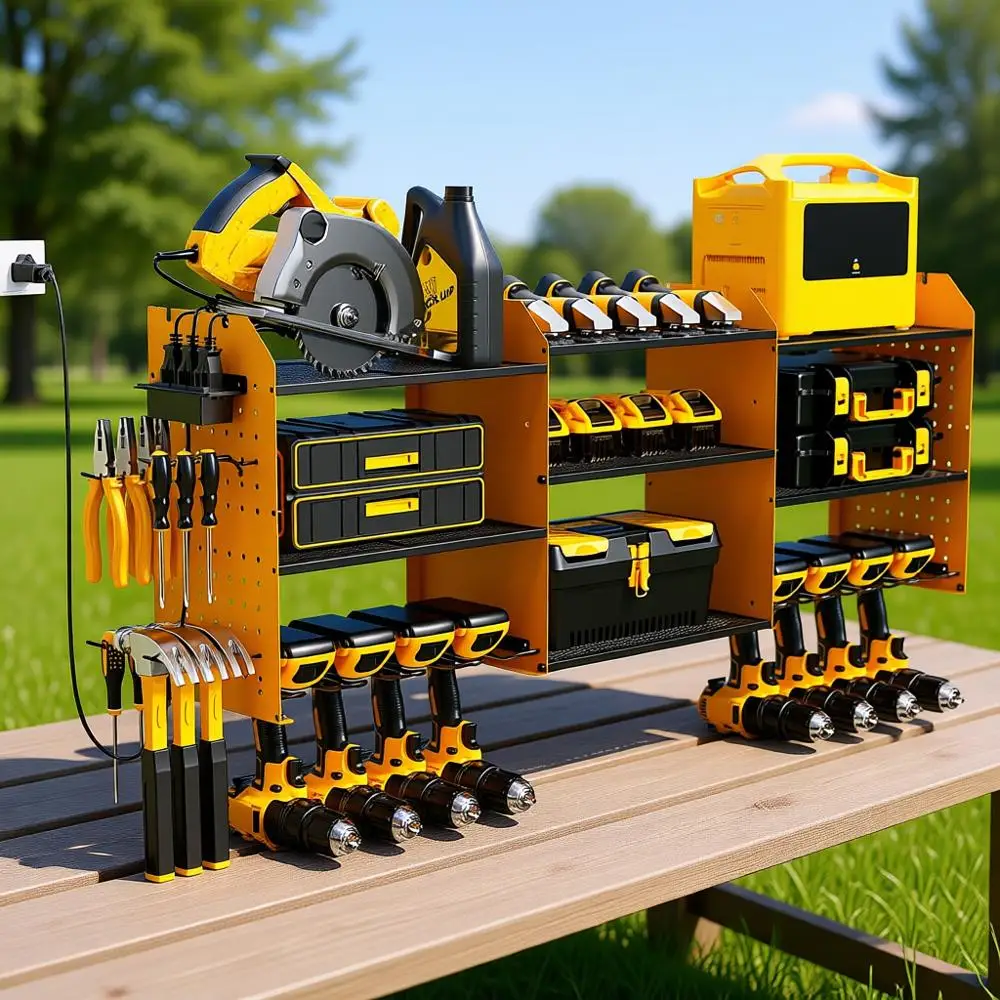 

Трехуровневый настенный органайзер для инструментов повышенной прочности с зарядной станцией, 45,5 дюймов, для хранения 8 дрелей, желтый