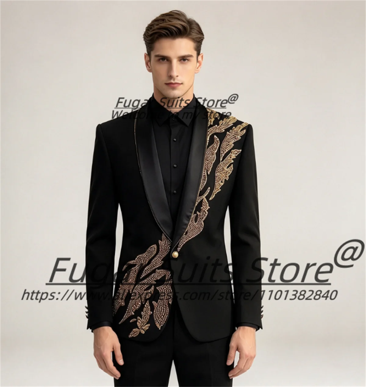 Shiny Black Shawl Lapel Men Suits Customized Golden Sequin Embroidery Groom Wedding Tuxedos 2 Pieces Sets Prom Costume Homme