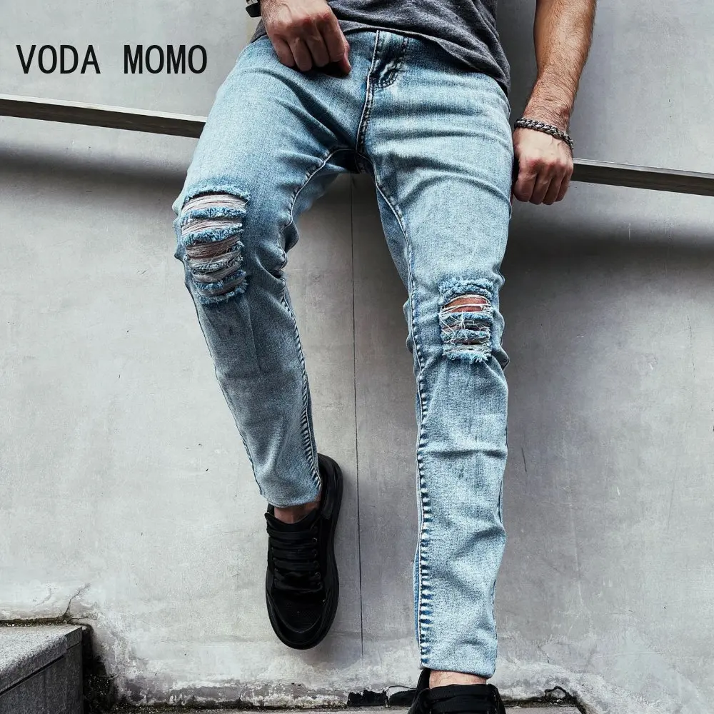 

Рваные джинсы High Street, мужские брендовые широкие брюки в стиле хип-хоп, летние тонкие прямые свободные повседневные старые брюки