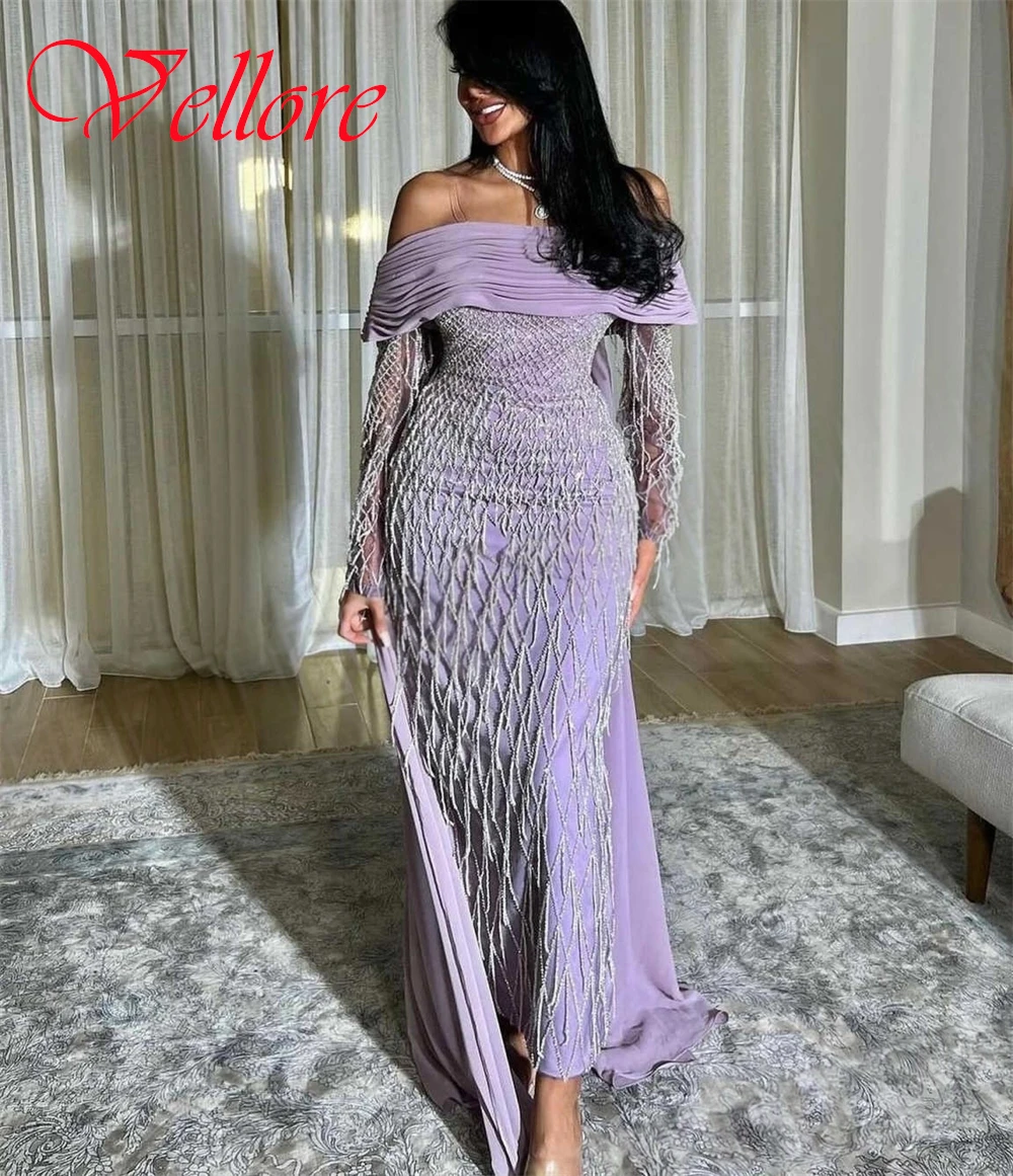 

Customized Delicate Light Purple Chiffon Evening Dress Elegant Graceful Strapless Cap Sleeve Long Sleeves Special Occasion Gowns