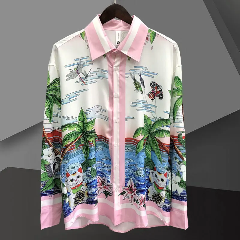 

Spring Holiday Mediterranean Tide Brand Long Sleeved Shirt Casual Print Pink Loose Cardigan Men Hawaiian Shirt Chemise Homme