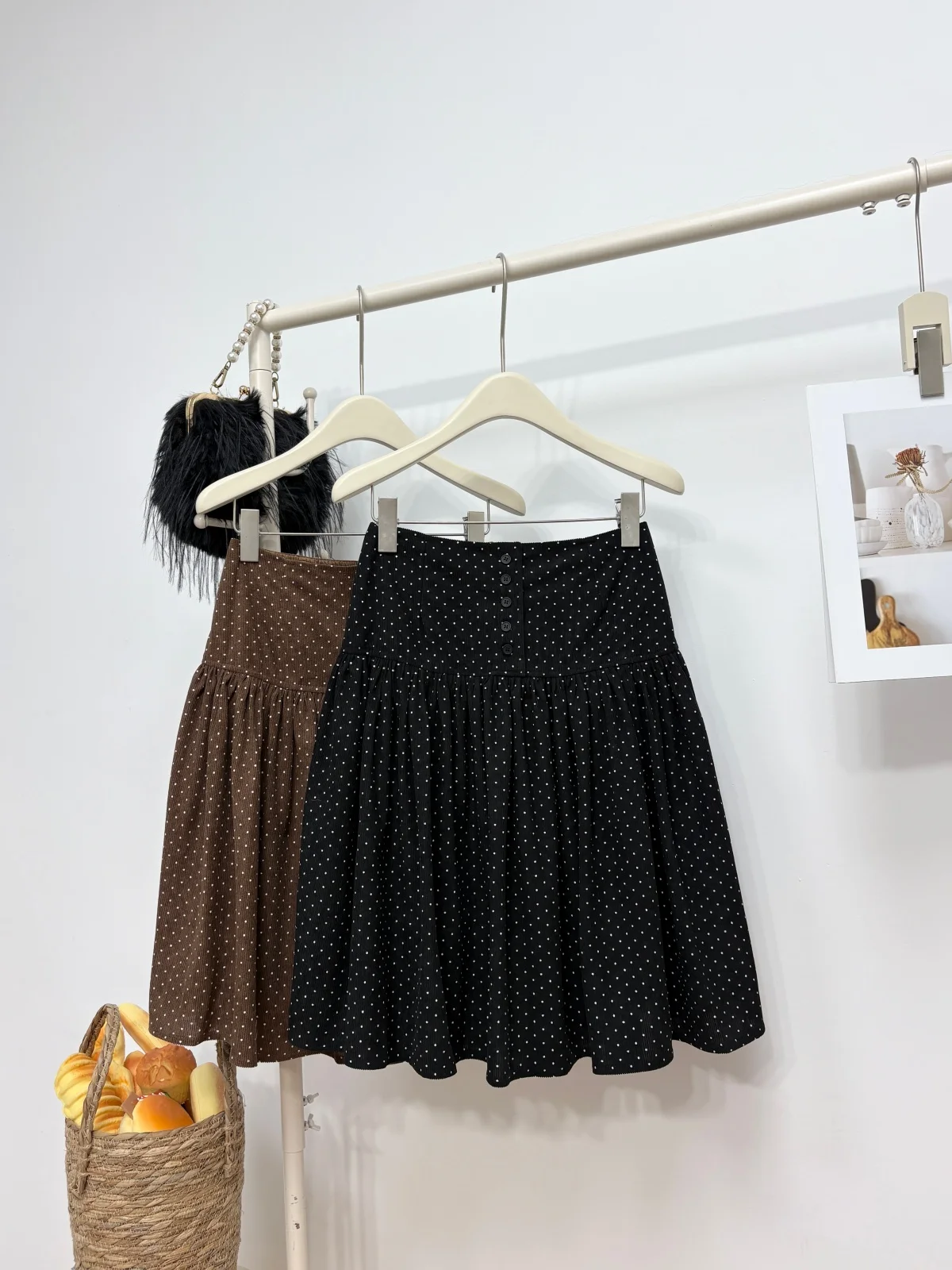 Women's Spring Autumn Vintage Polka Dot A Line Mid Length Skirt Lady Single Breasted High Waist Knee Length Skirt
