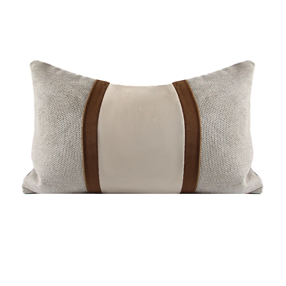RUIYI Spliced Lumbar Pillow Cover Linen Texture Side Panels Brown and Beige Velvet Rectangular Decorative Throw Cushion Case