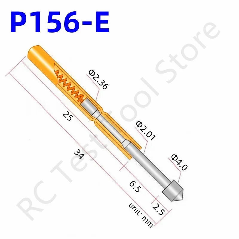 

100PCS P156-E Spring Test Probe Test Pin Pogo Pin Brass Metal Spring Test Tool Length 34mm Dia 2.36mm Head Dia 4.0mm PCB Test