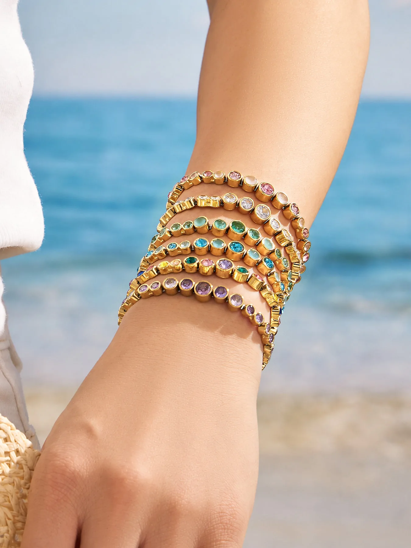 Boho Farbiger Zirkon Tennis-Schmuckset für Damen 18K Vergoldetes Edelstahl Farbverlauf Runde CZ Halskette Armband Ohrringe – Detail 5