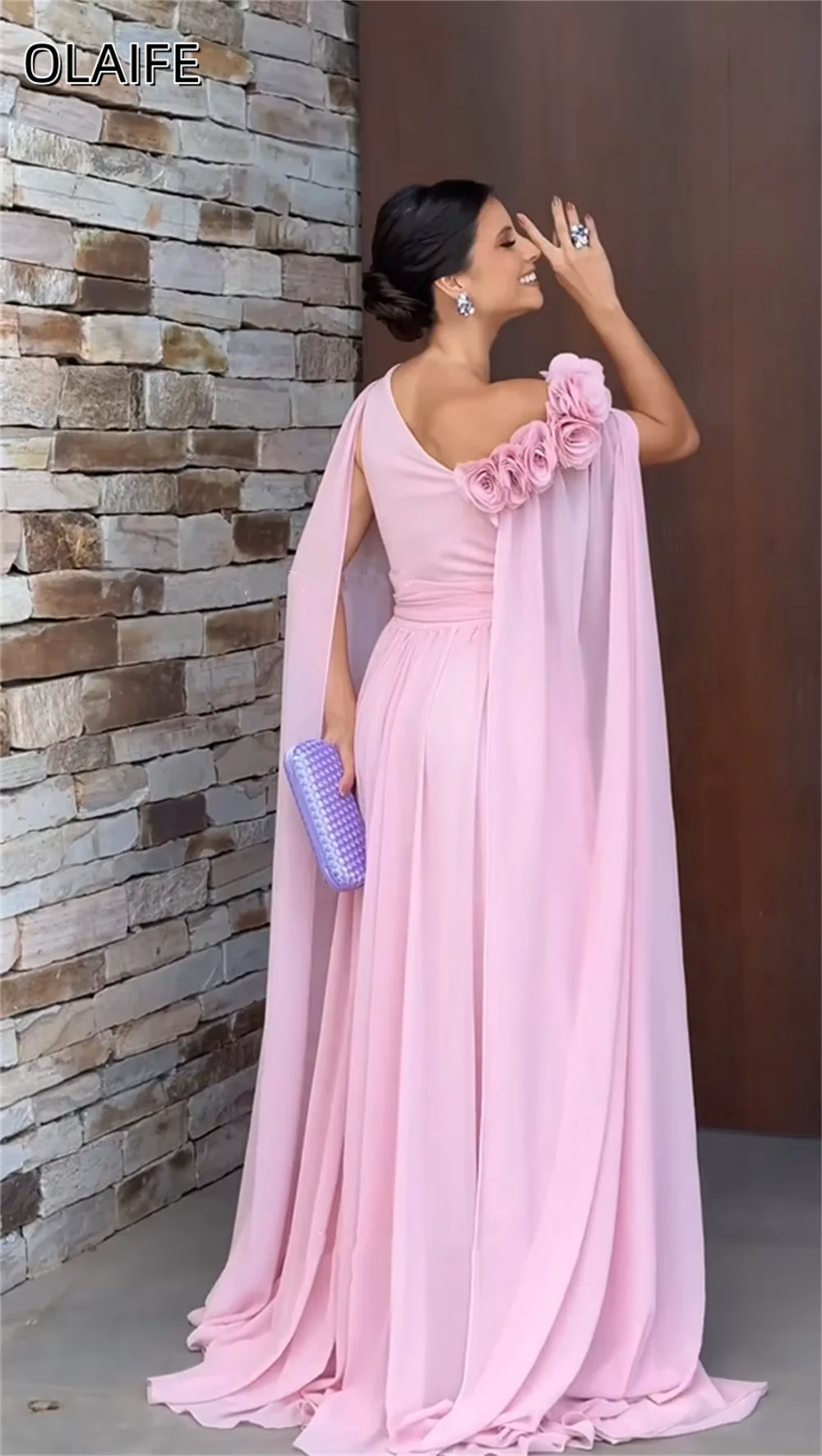 Elegante chiffon flor a linha de um ombro manga capa rosa personalizado vestidos de baile trem varredura estilo moderno robes de soirée