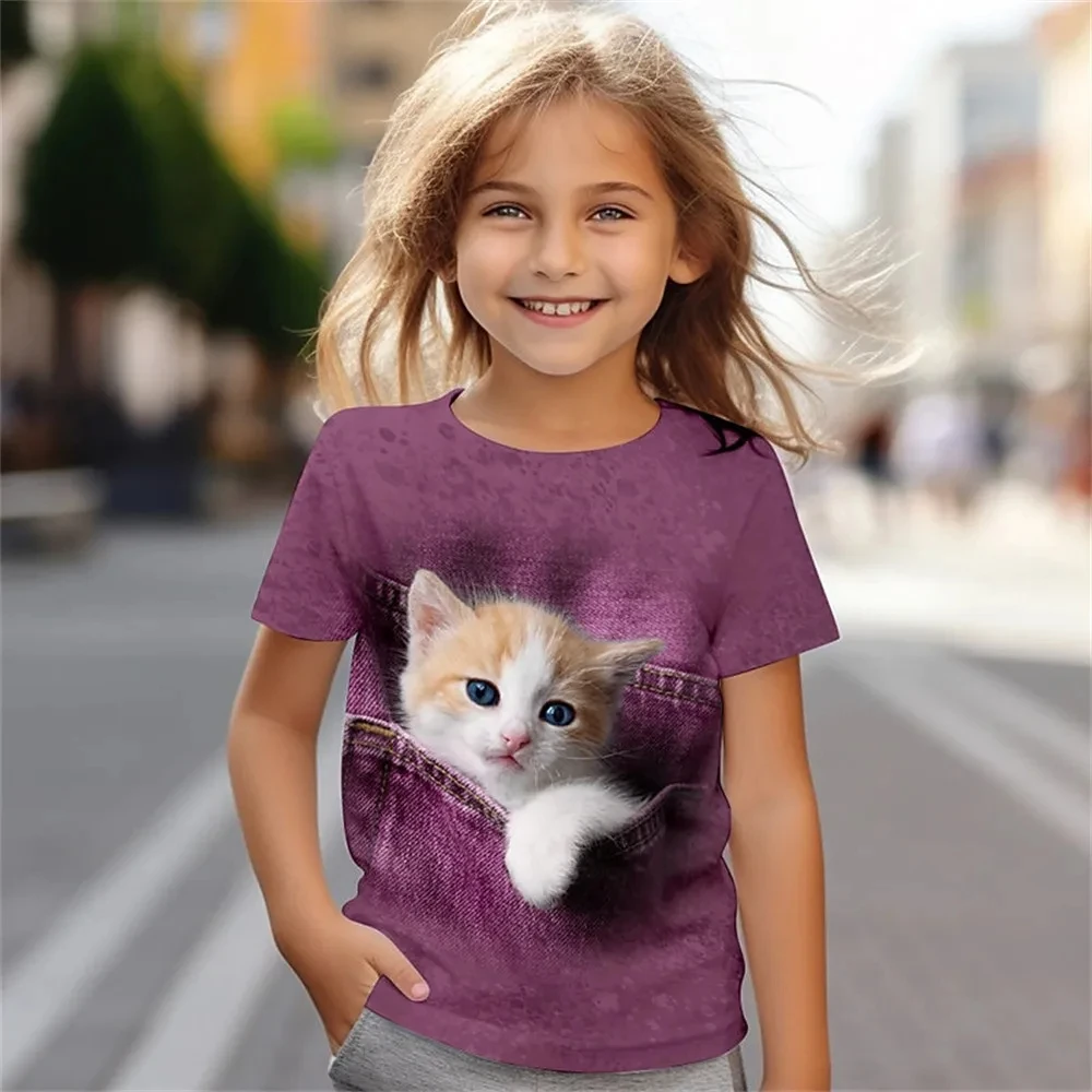 New Summer Kids Girls' Clothes 3D Cat Print Adult Tee Shirt Short Sleeve Children's Clothing Fashion Costumes For Girls Tops images - 6