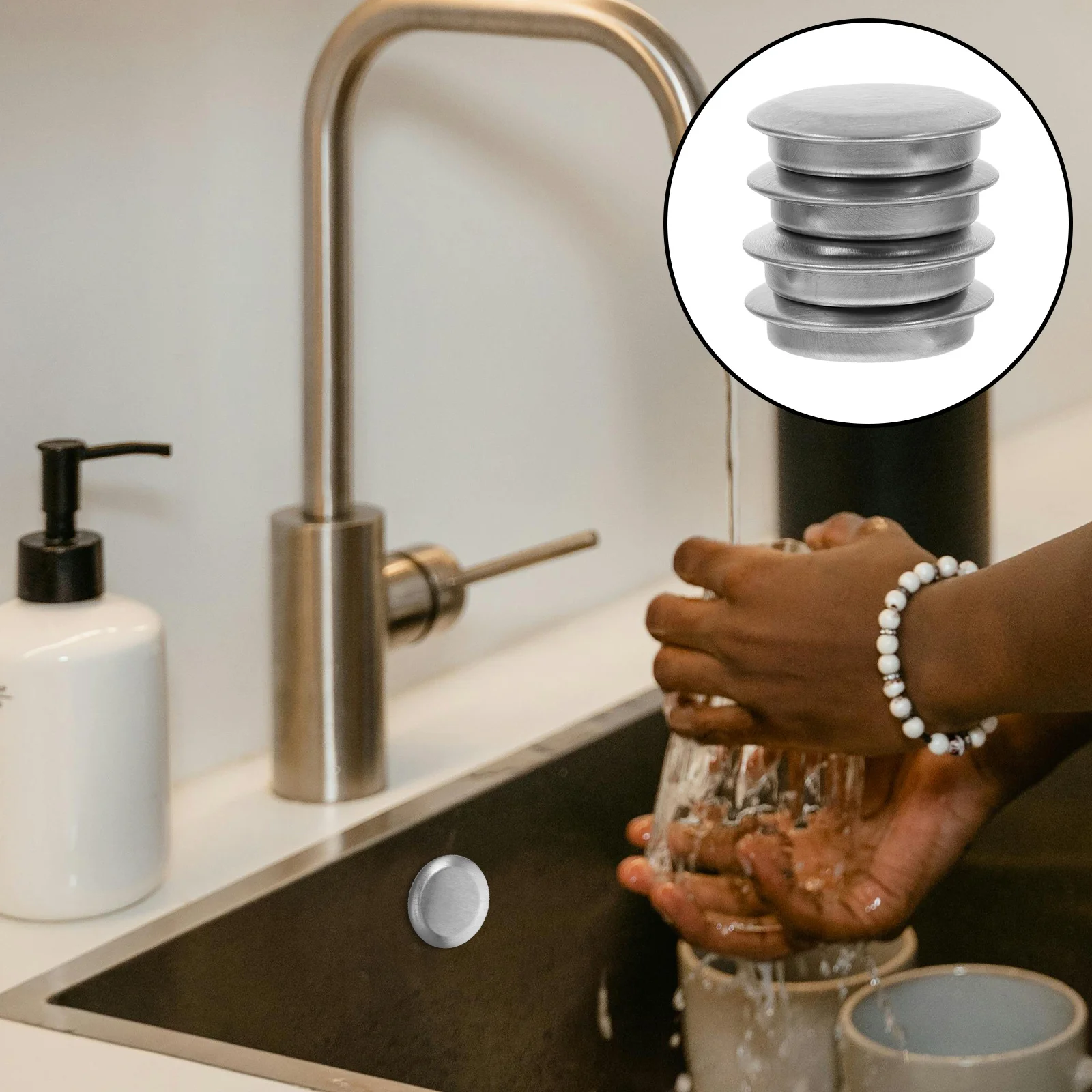 

4Pcs Sink Hole Covers Stainless Steel Kitchen Faucet Soap Dispenser Hole Cover Caps Durable Sink Plug Stopper Overflow Cap
