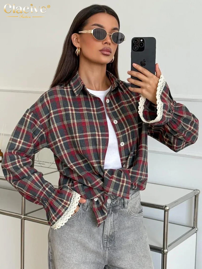 

Модная женская блузка Clacive свободного кроя в красную клетку, осень 2026, с отложным воротником, длинным рукавом, элегантная классическая рубашка с кружевными вставками, женский топ