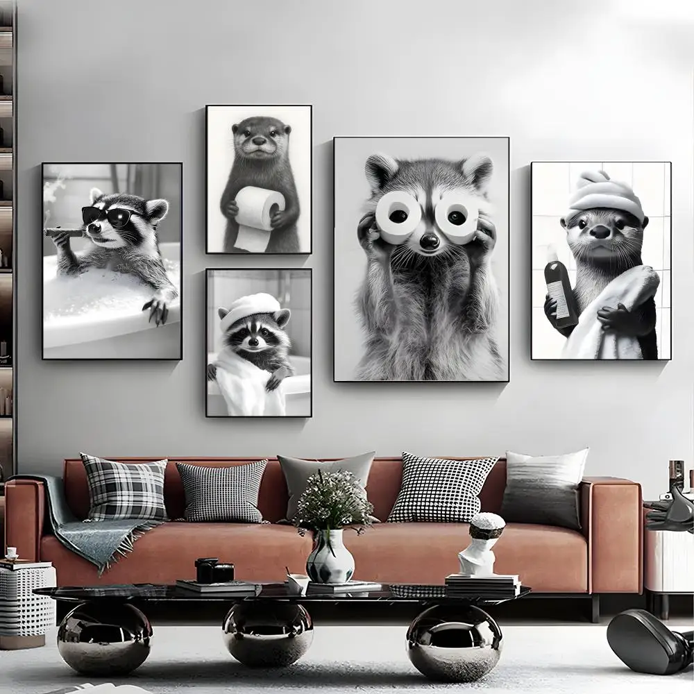 Funny Otter and Raccoon Bathroom Poster High-definition poster stickers ideal gifts for bedrooms living rooms hallways  great