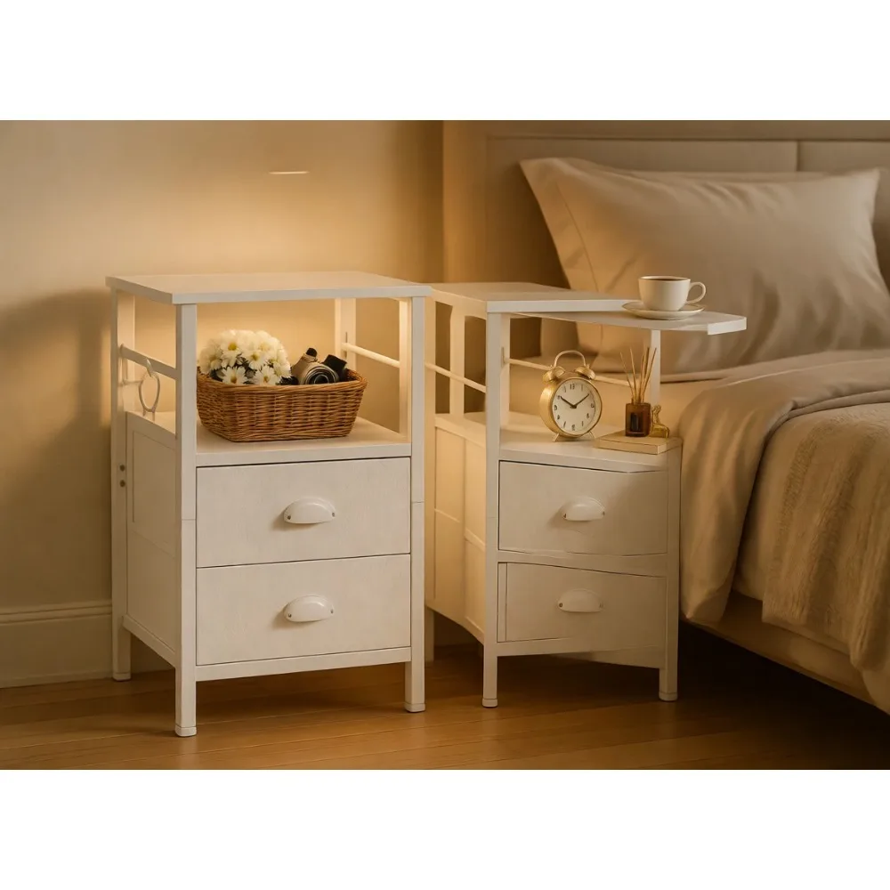

Set of Two Nightstands with Fabric Drawers Hooks and Open Wood Shelf for Bedroom or Living Room White