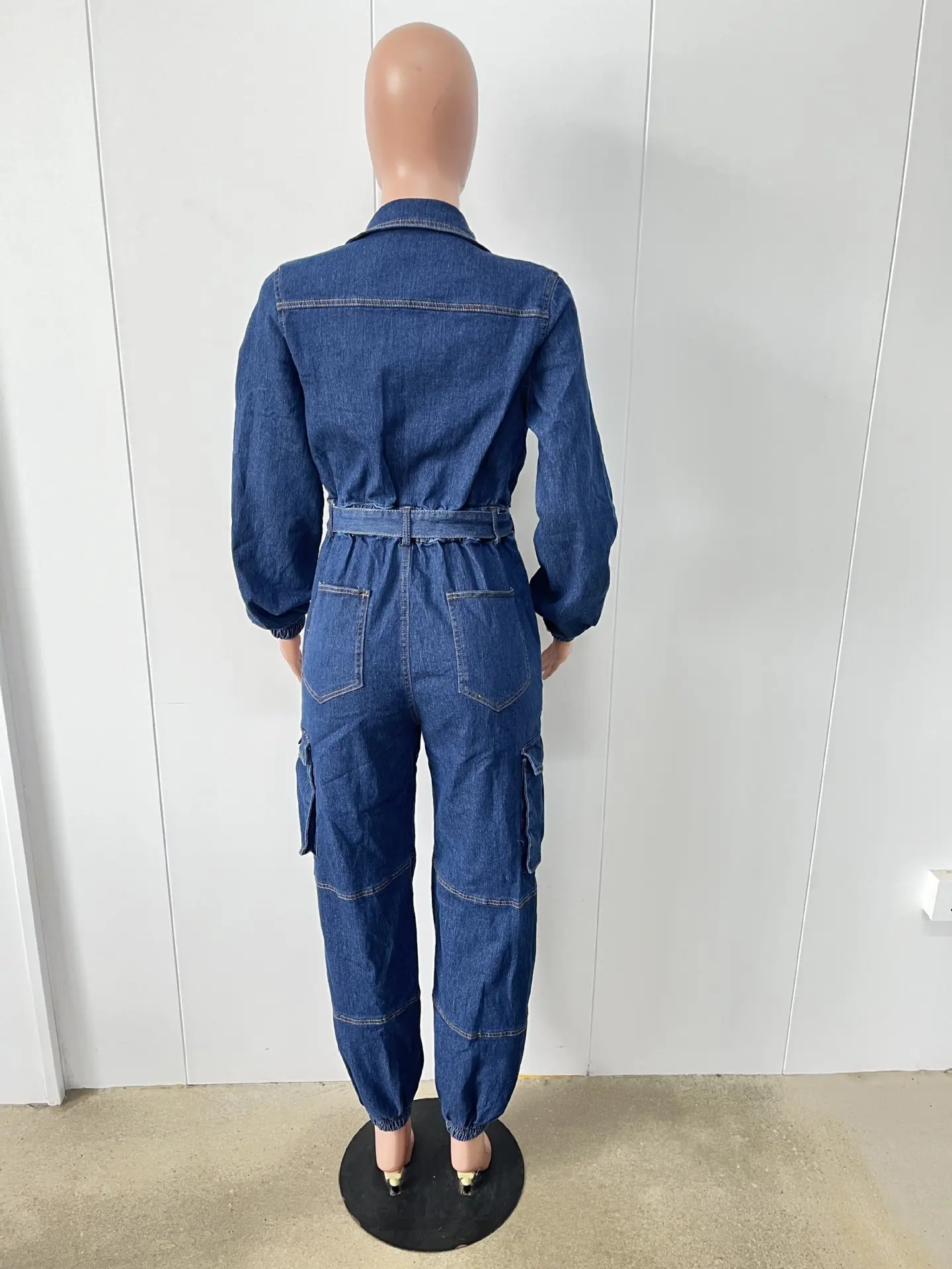 Women Jumpsuit Autumn Winter Fashion Slim Tight Waist Elastic Denim Overalls Romper Lady Casual Pocket Belt Cargo Jeans Jumpsuit