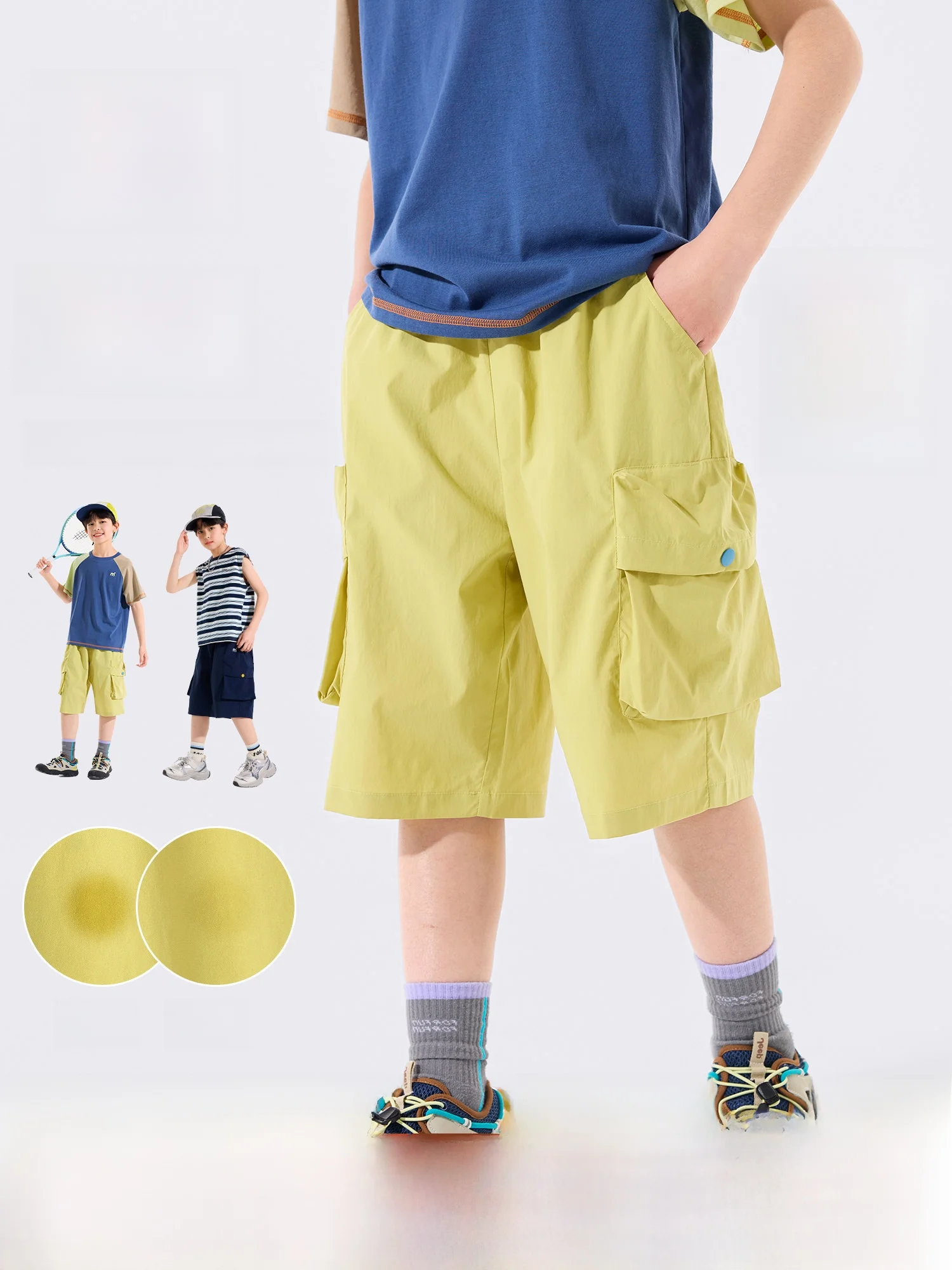 Quick Dry Seven-Foot Pants for Boys Children's Summer Sportswear Casual Polyester Fiber mid Waist Comfortable Fit Blue Wind