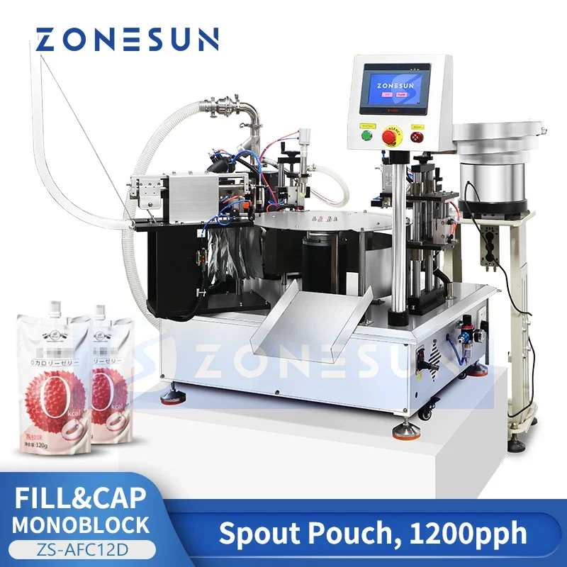 ZONESUN Riempitrice automatica per sacchetti con beccuccio Riempitrice per sacchetti liquidi Sigillatura Imballaggio Alimentatore per ciotole vibranti Doypack ZS-AFC12D