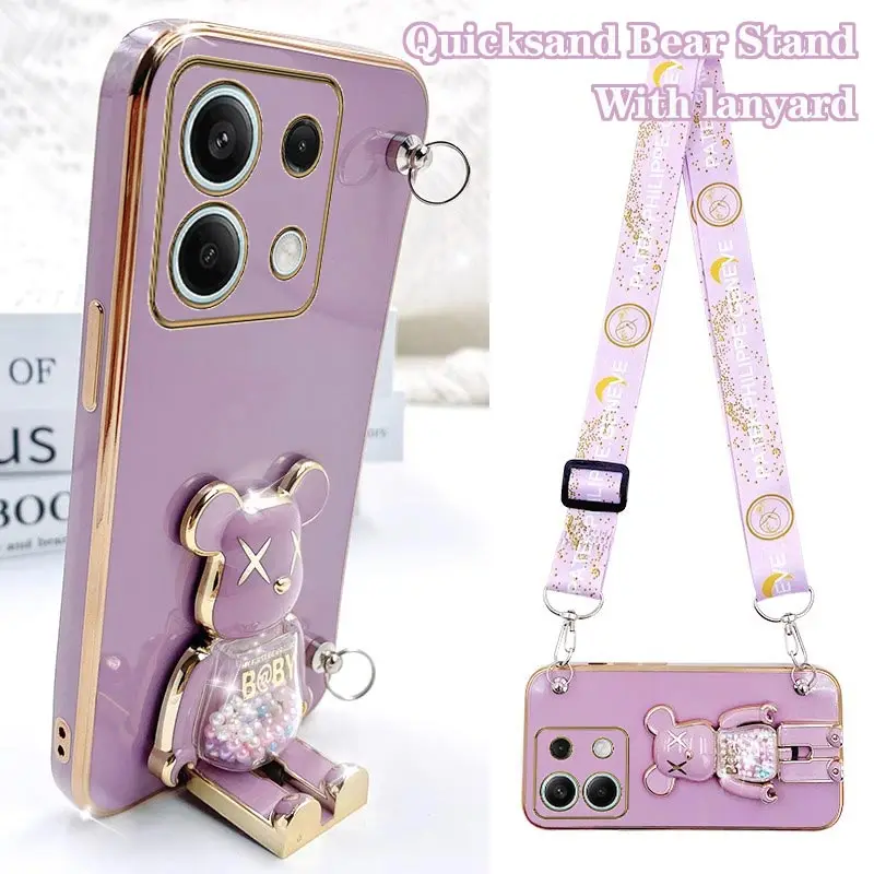 Cartoon Bear Lanyard Plating Phone Stereoscopic Holder Case For Xiaomi Redmi Note 13 13ProPlus 13Pro 12R 12Pro 12S 11 11S Cover