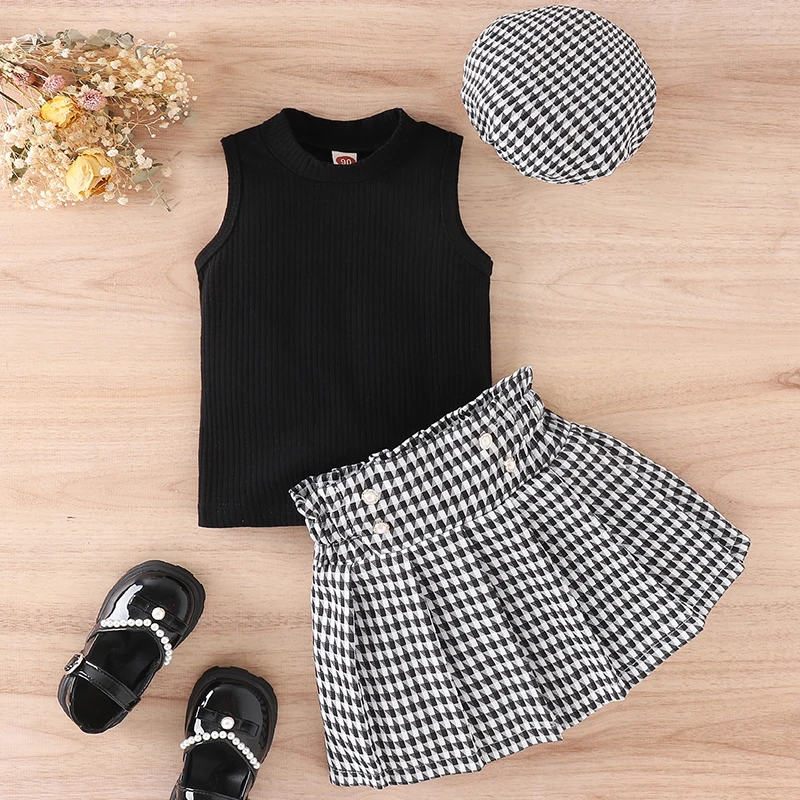 

3Piece Kids Girls Clothes Summer Korean Sleeveless Baby Tops+Plaid Skirt+Hat Children's Sets Toddler Boutique Clothing BC2261