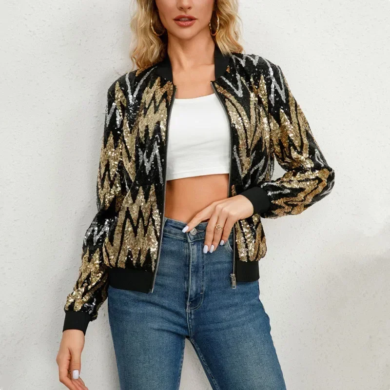 Women Sequin Jacket 2023 New Elegant Casual Loose Coat Shiny Baseball Jacket Outwear Tops