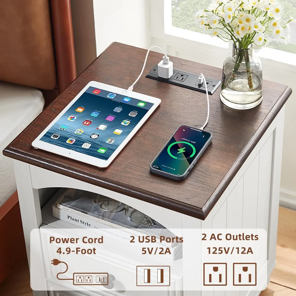 منضدة مزرعة خشبية بيضاء مع قاعدة شحن وأدراج تخزين #6