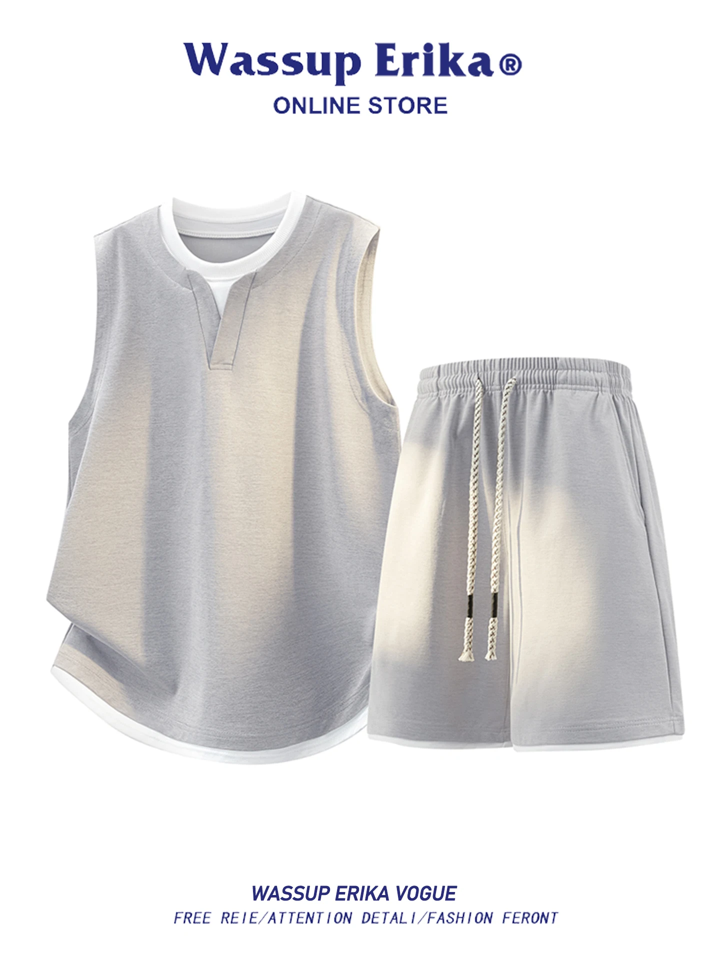 Conjunto Casual Trendy Wassup Erika para Homens, Verão, Estilo Solto, Conjunto de Duas Peças, Camiseta de Manga Curta em Fibra de Poliéster