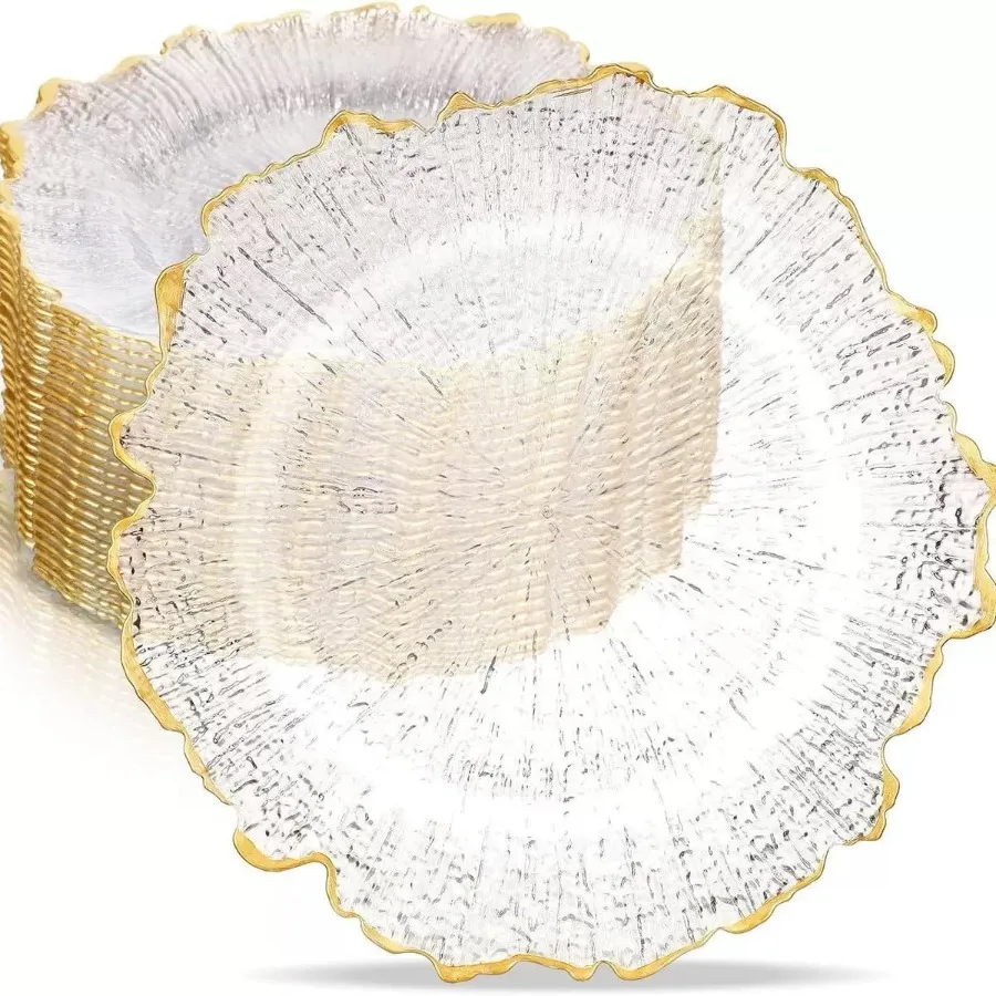 

25Pcs Clear Charger Plates for Home and Commercial Party Use 12.6in Plastic Dinner Charger Plates with Gold Beaded Rim for Wedd