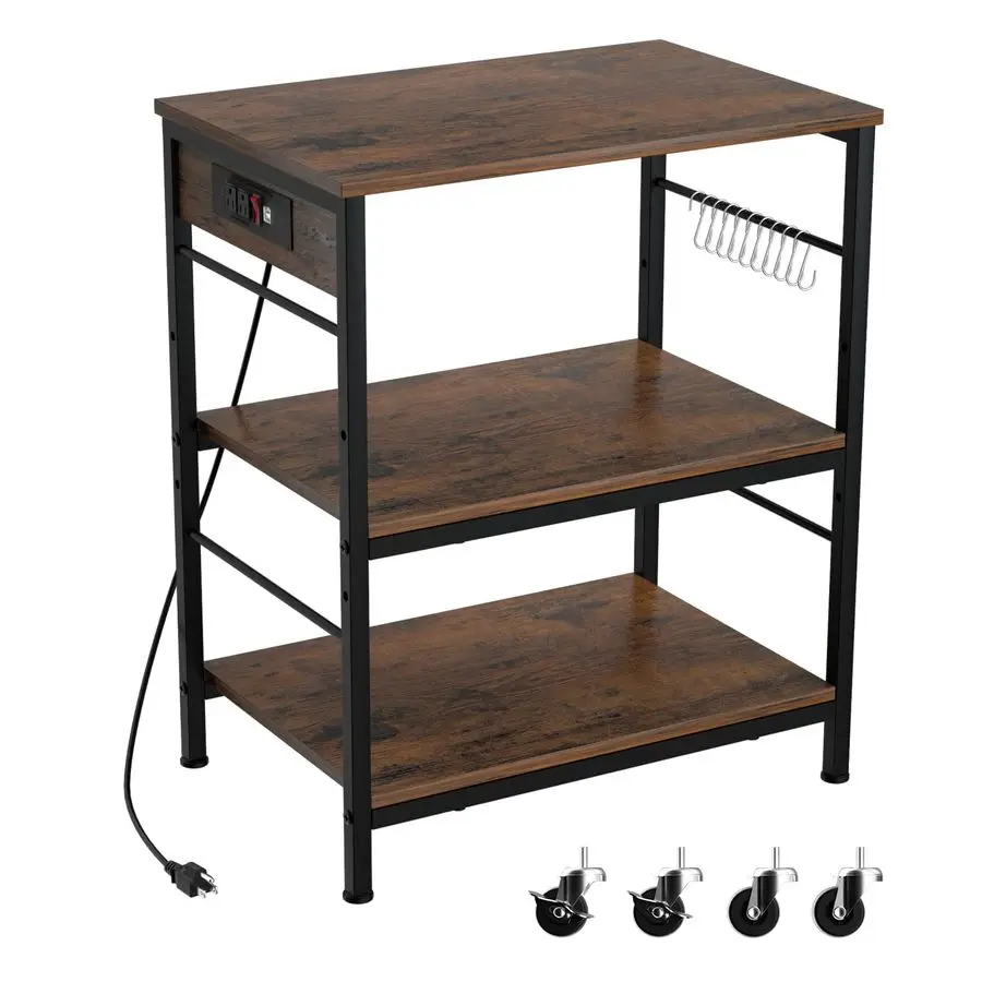 

Rack with Power Outlet Kitchen Microwave Stand Cart 3 Tier Coffee Bar Table Kitchen Storage Shelf Rack with 10 SShaped Hooks fo