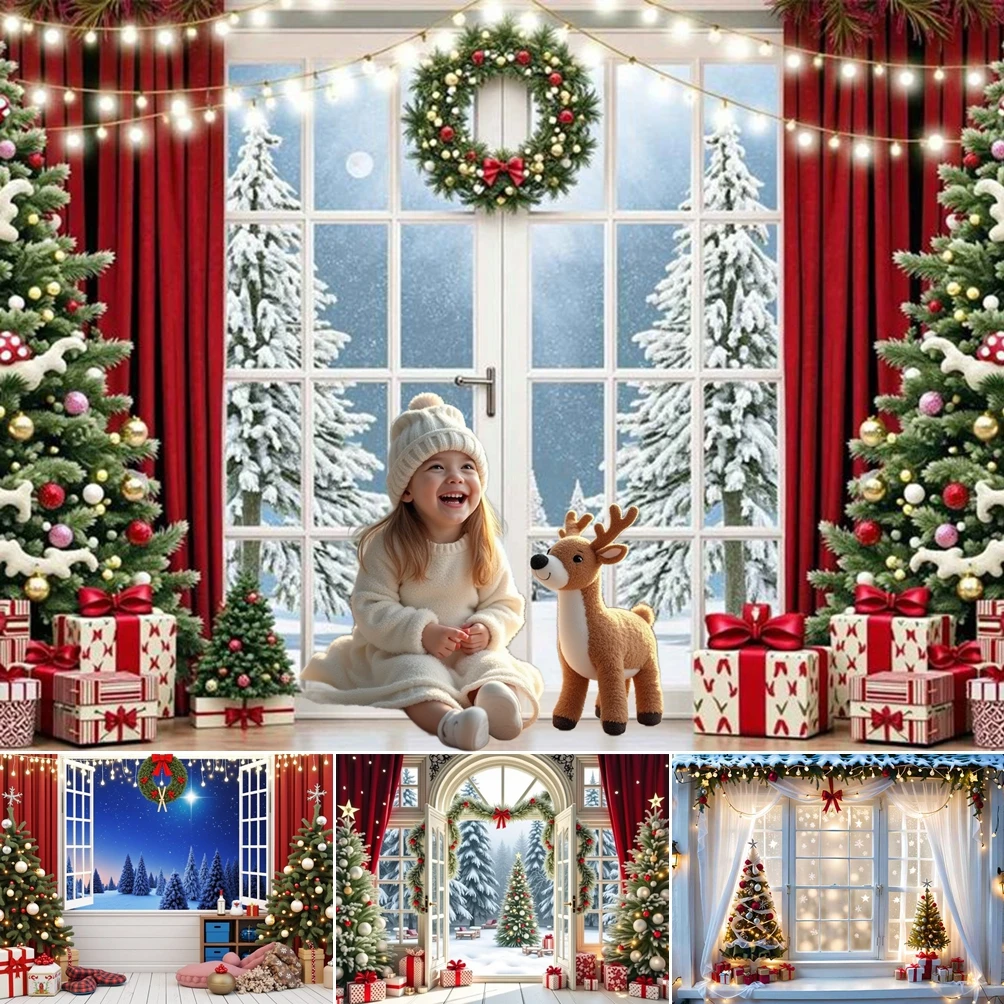 

MOON.QG Christmas Backgrounds For Photographs Curtains Window Pine Forest Backdrops Party Supplies Studio Photozone Wallpaper