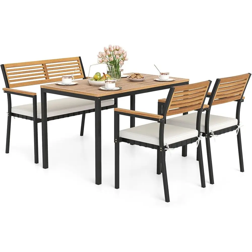 4-Piece Outdoor Dining Set with Acacia Wood & Metal, Umbrella Hole, Table, 2 Armchairs, Bench for Garden, Backyard, Porch
