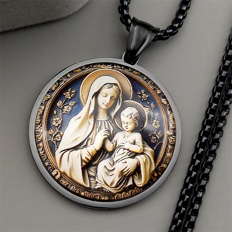 Virgin Mary Hold Baby Jesus Glass Round Medal Pendant Necklace for Women Men Stainless Steel Gold Color Catholic Amulet Jewelry - view 5