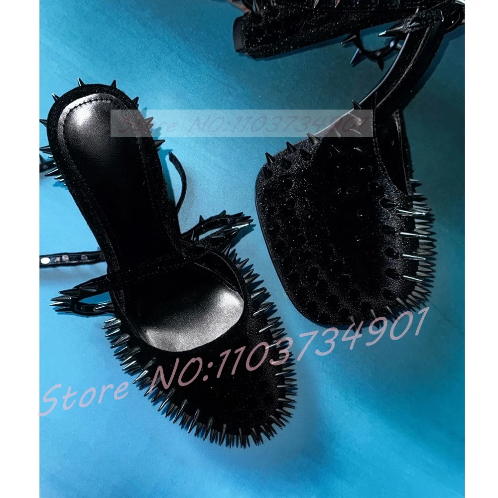 Studded Rivets Sandals Women Punk Platform Ankle Strap Flock Round Toe Block High Heels Shoes Ladies Party Sexy Nifty Sandals