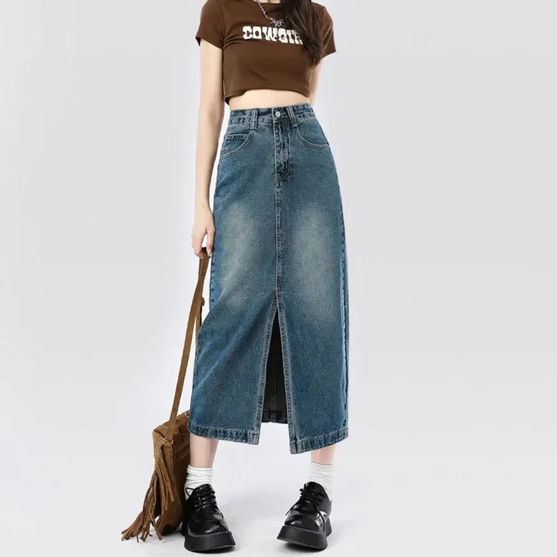 Front Slit Vintage Skirts for Women Casual A-line Skirt Washed Elegance Straight Long Skirt Summer High-waist Denim Skirt Women