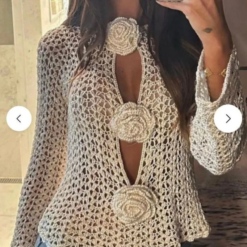 

Women Long Sleeve Crochet SweatersTops Boho 3D Flower Decor Knit Cover Up Shirt Beach Vacation Hollow Out Knitted Top