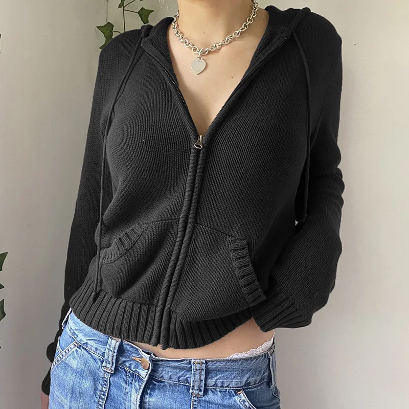 

Women Knitted Sweater Hoodies Vintage Solid Color Long Sleeve Zip-up Cardigan Hooded Sweatshirt Outwear Pullover Streetwear