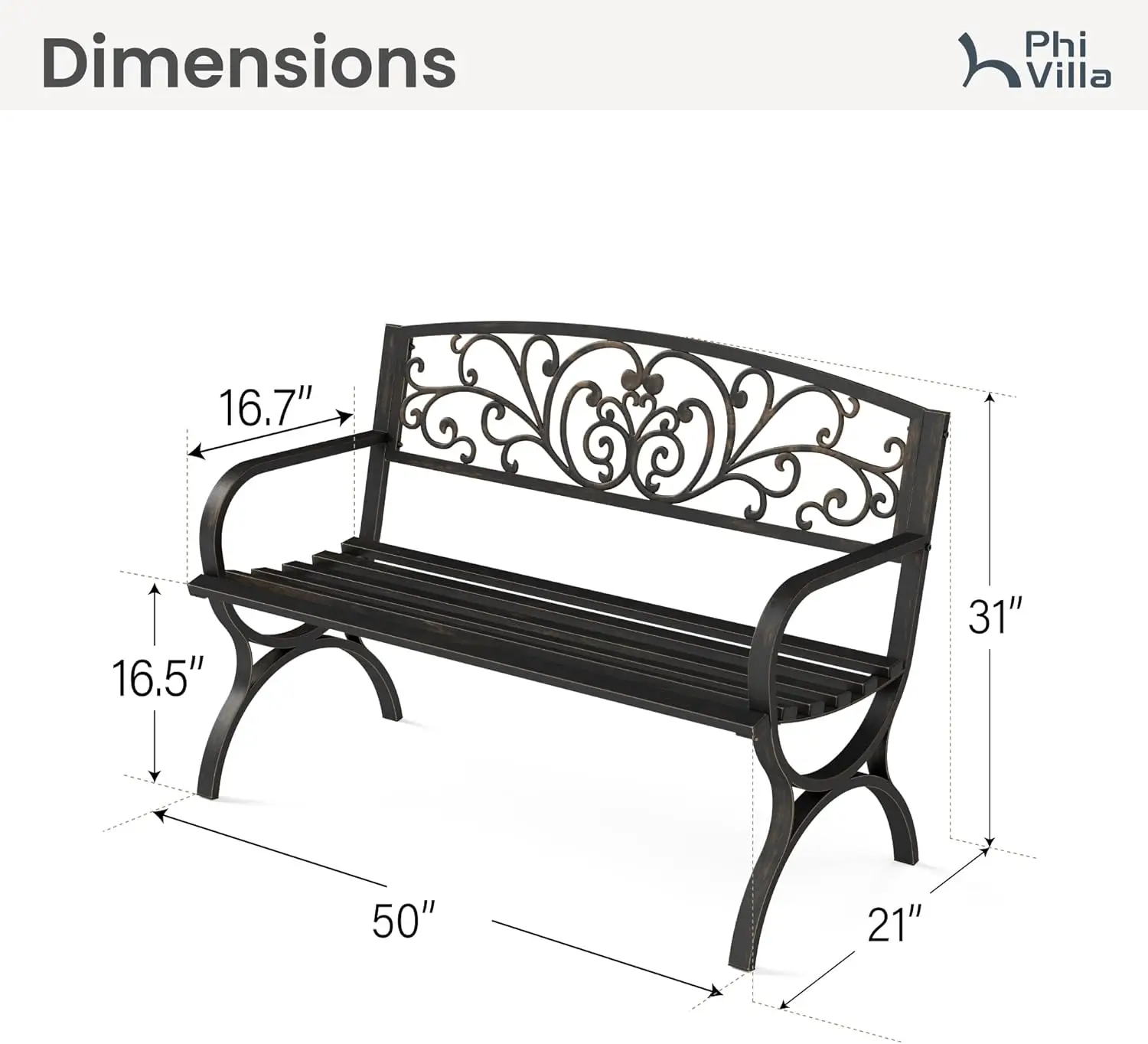 Outdoor Park, Yard & Porch Use, Cast Iron Steel, Bronze, 50Inch Bench with Floral Design Backrest and Slatted Seat