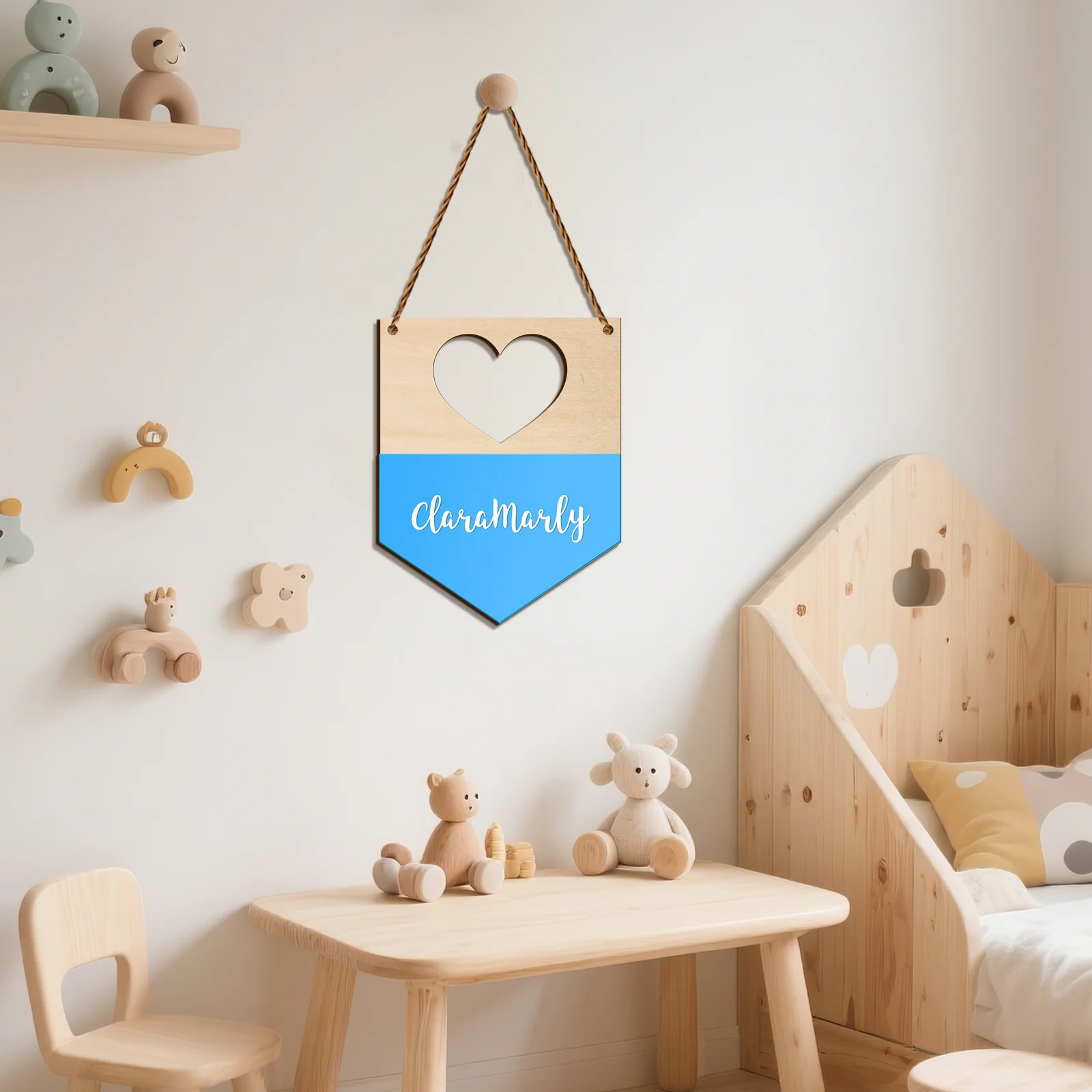 

Personalized Heart Name Plaque - Wood & Acrylic Nursery Decor, 19x15cm Custom Name Sign like Clara, Wall Hanging with Rope