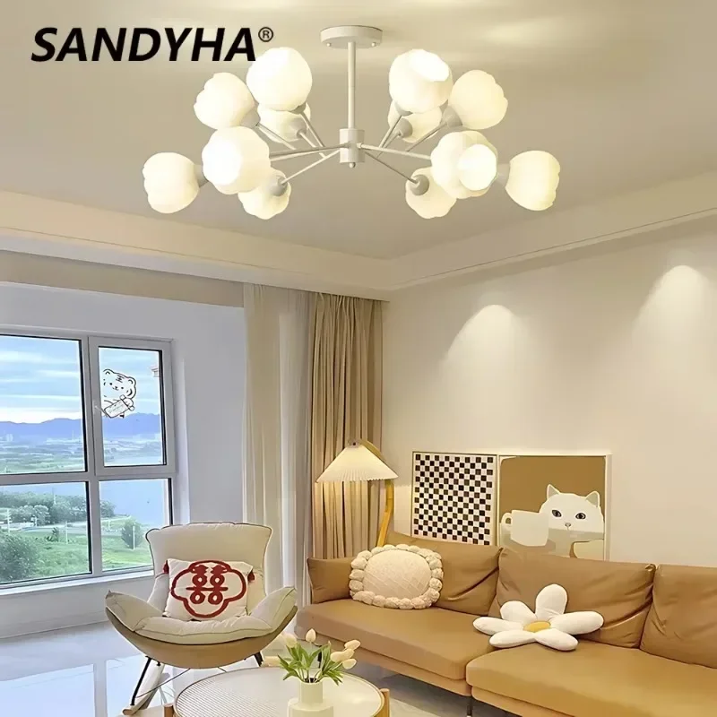 SANDYHA French Ceiling Chandelier Flower Glass Lampshade Design Led Lamp Living Room Decoration