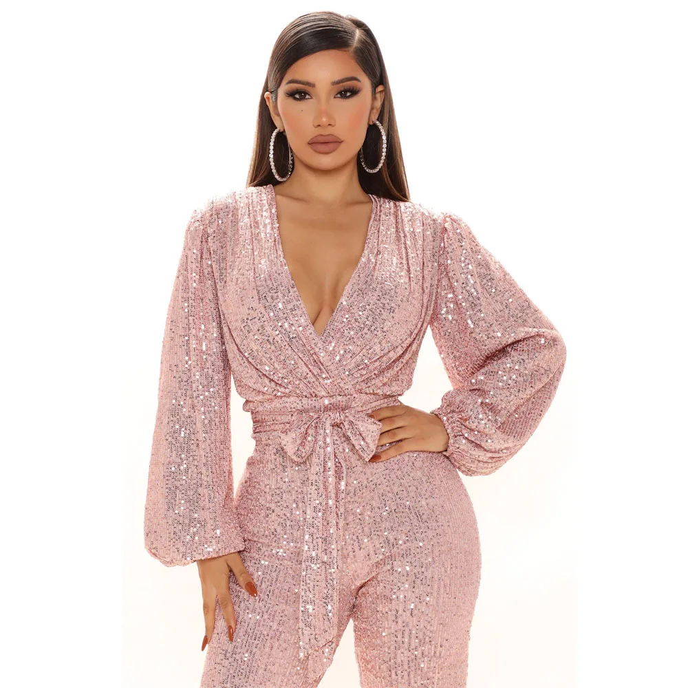 Fashion sexy v-neck party party club nightclub sequin one-piece wide leg jumpsuit pants