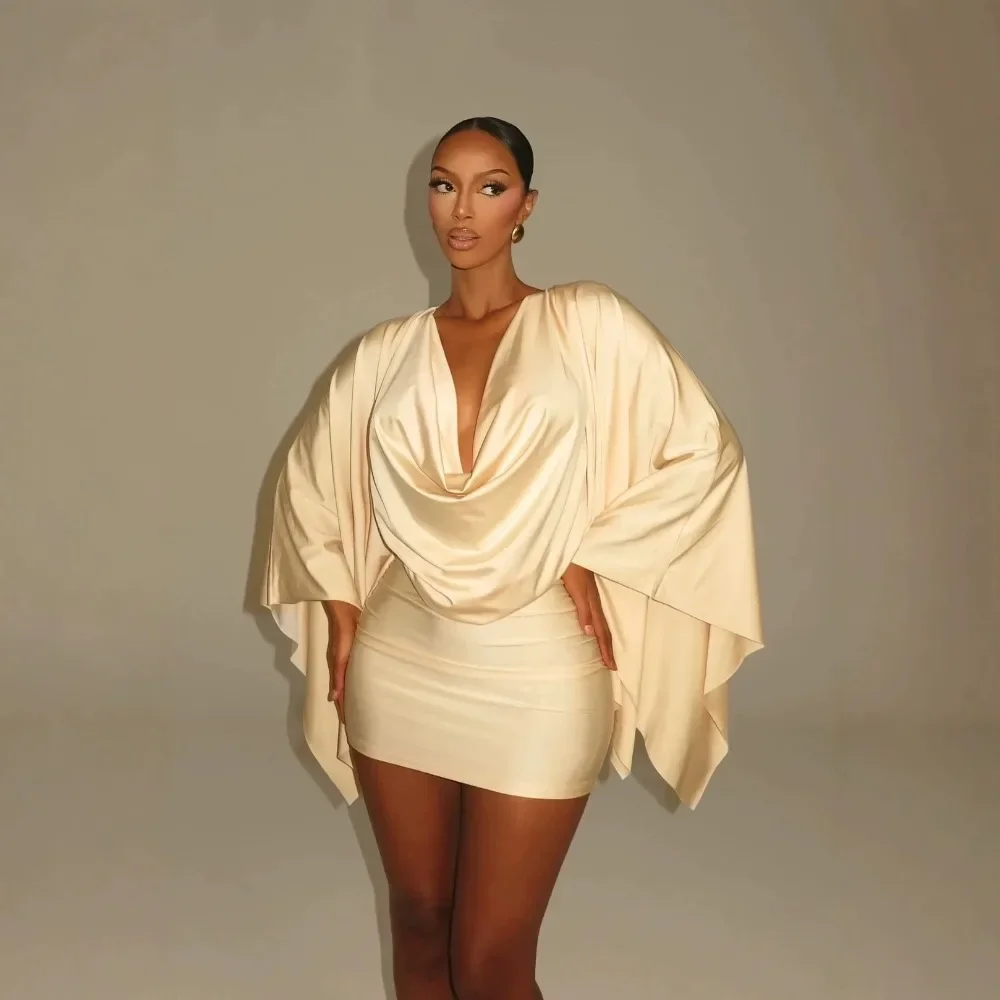 New Arrival Sexy Low Neck Cape Sleeve Bodycon Dress Slim Fit Hip Wrap Party Clubwear Socialite Style