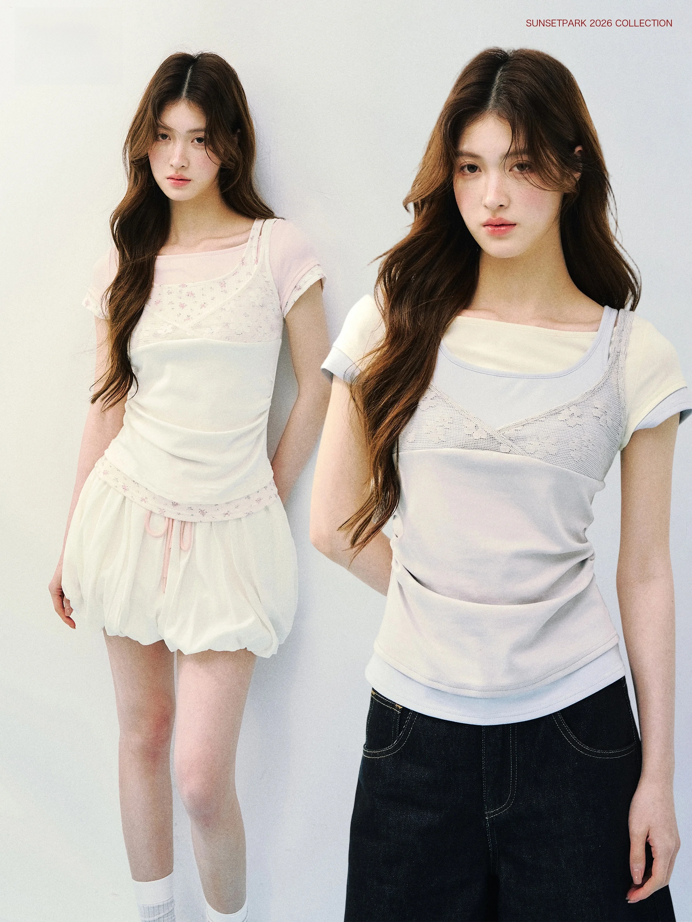 SunsetPark Girl's Style Lace Trim Knitted Short Sleeve T-Shirt Mock Three-Piece Strap Vest Head over Shirt Breathable Summer Top