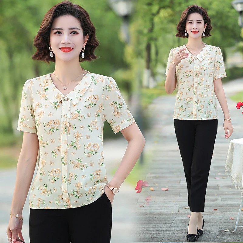 Middle-aged mother print Slim Shirt New Summer Lapel short sleeves Loose Blouse Female 5XL Top