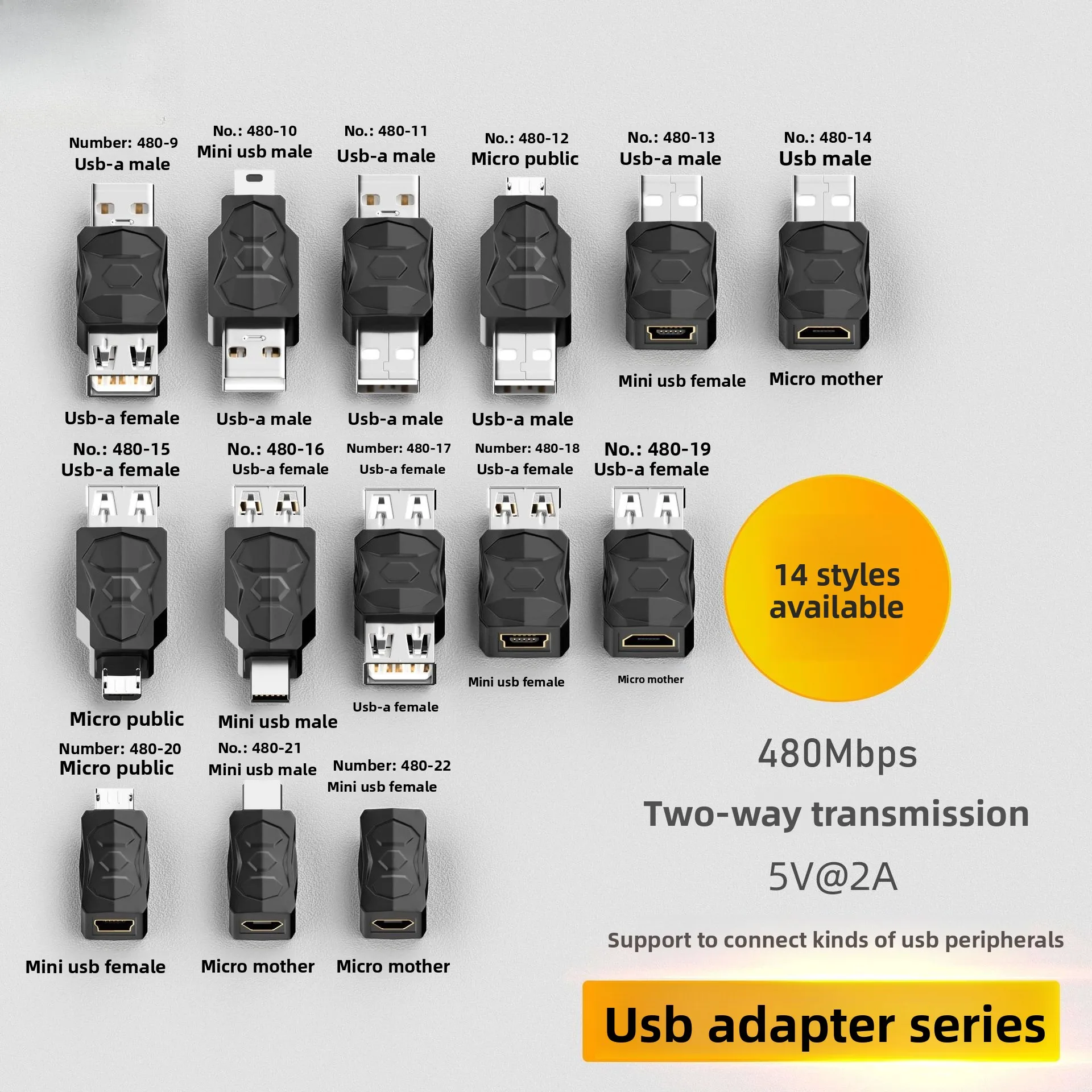 USB A Male to Mini Male to Micro Female Adapter, Bi-directional Transmission, Compatible with Matching USB Peripherals