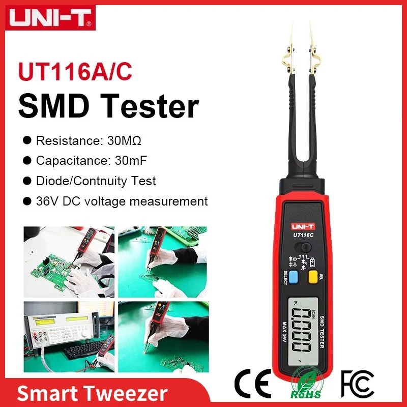 

UNI-T UT116A UT116C SMD Tester 36V Voltage Meter Resistance Capacitance Zener Diode Continuity Battery Tester