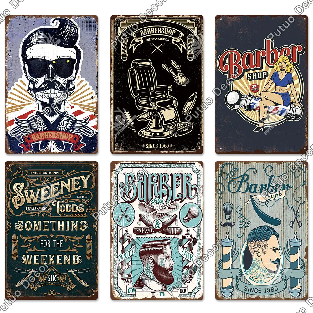 Putuo Decor Barber Tin Sign Plaque Metal Plate Vintage Retro Barber Shop Wall Art Posters Iron Painting for Room House Stickers