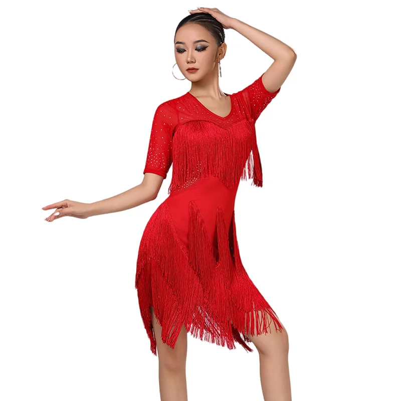 Latin Dance Clothing Women Milk Silk Half-Length Sleeves Hot Diamond Multi-Layer Tassels