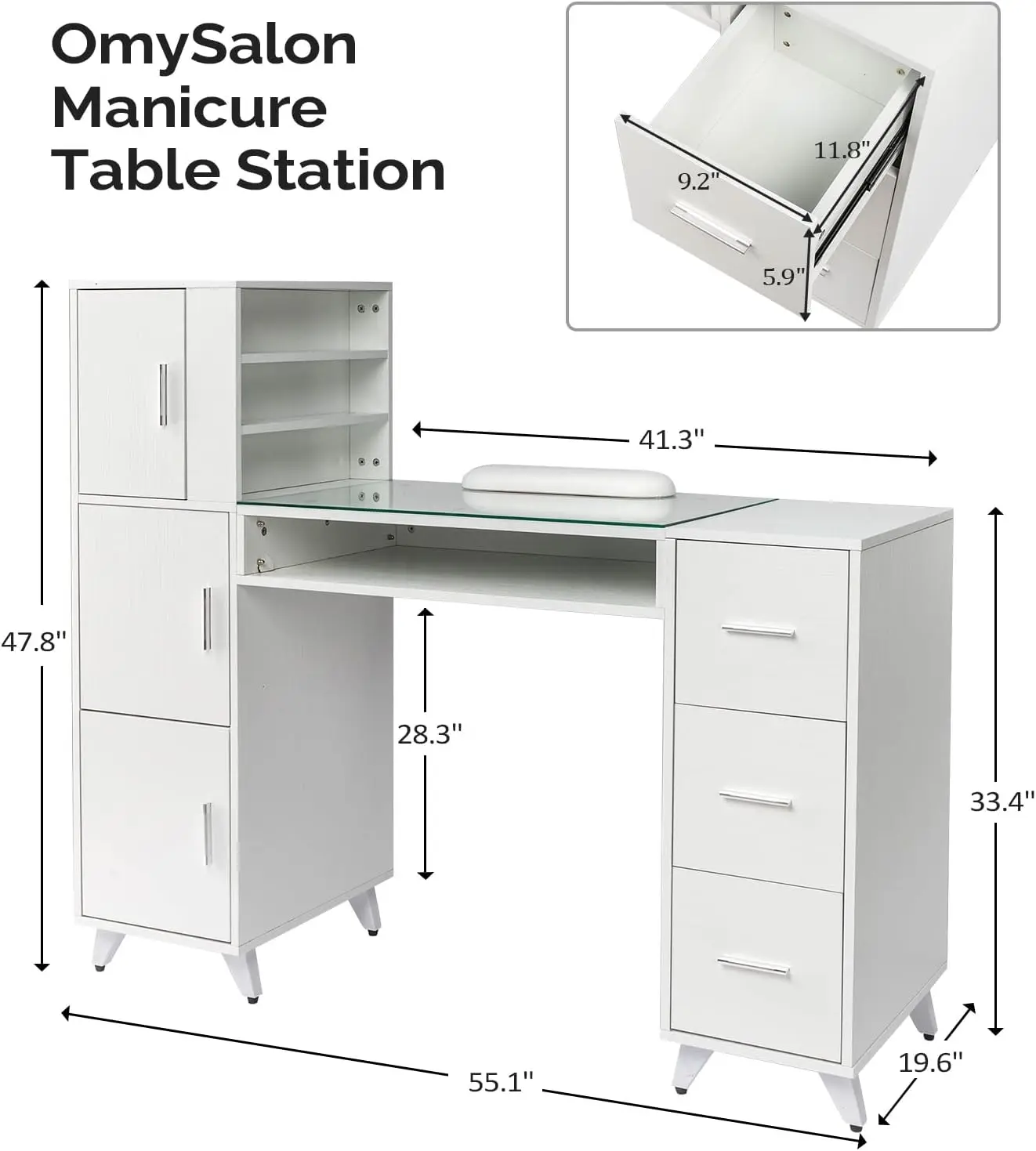 OmySalon Manicure Table Nail Desk for Nail Tech w/Glass Top & Wrist Rest, Beauty Salon Nail Supplies Decor Workstation Acetone